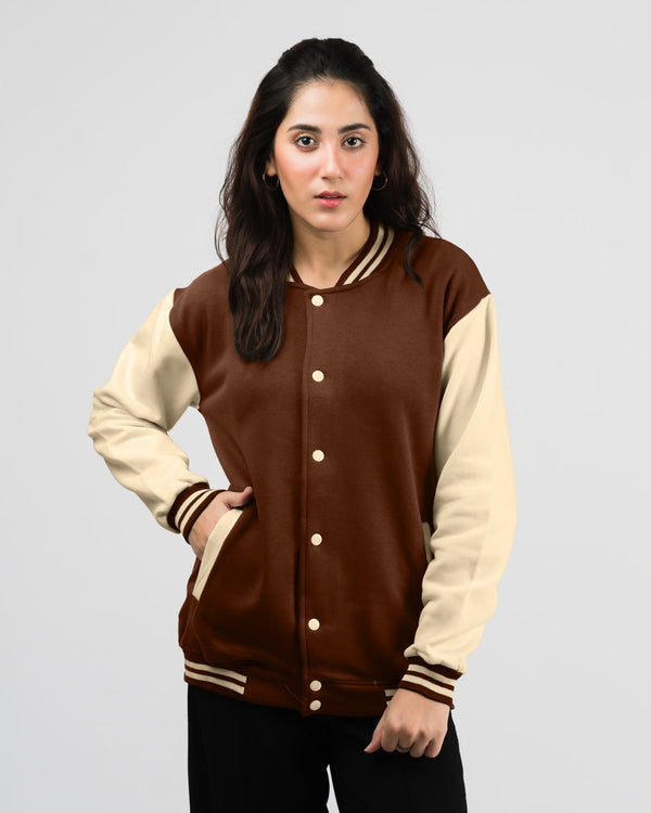 Baseball Style Dark Brown And Beige Varsity Jacket