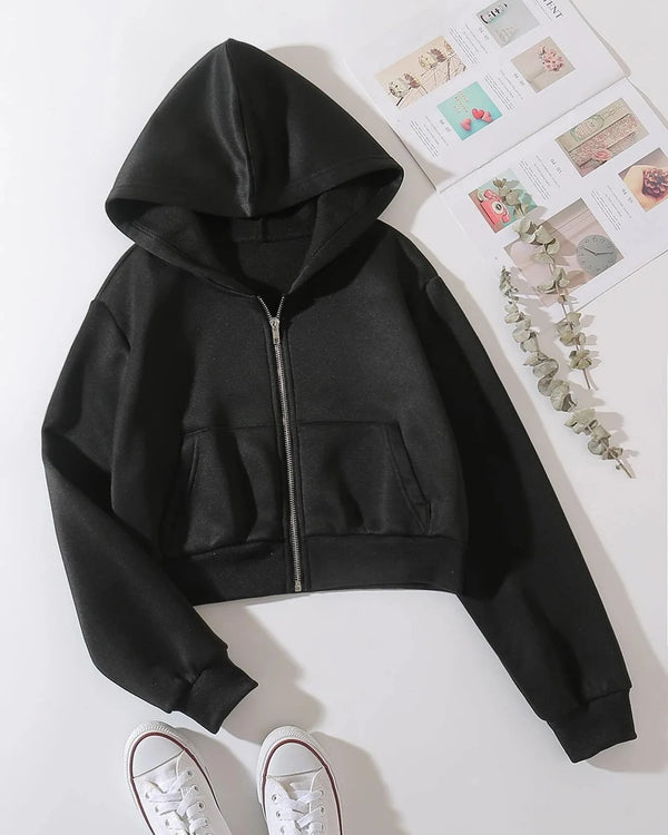 Black Cropped zipper hoodie T-shirt.pk