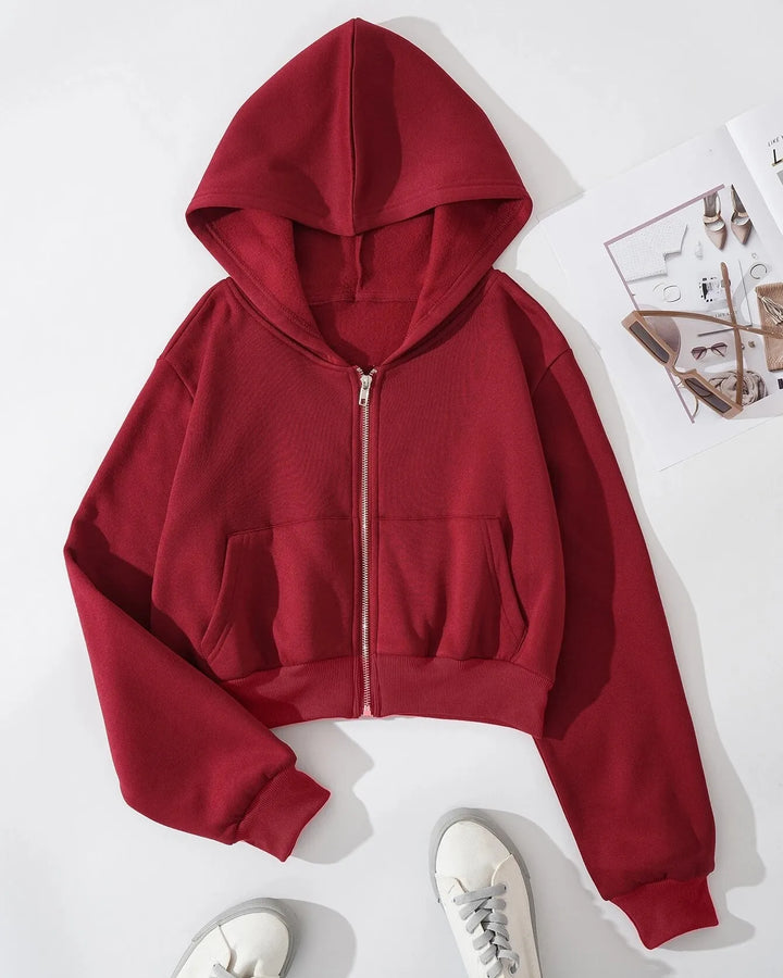 Maroon cropped zipper hoodie T-shirt.pk