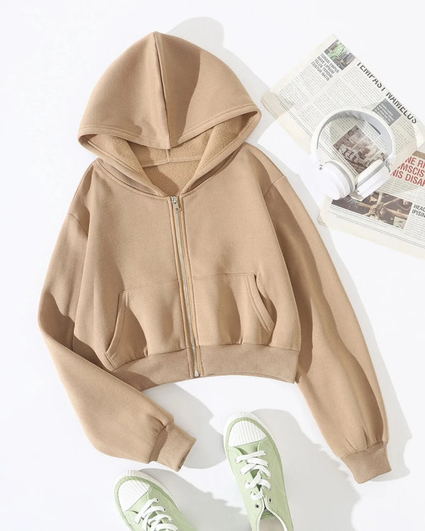 Beige cropped zipper hoodie T-shirt.pk