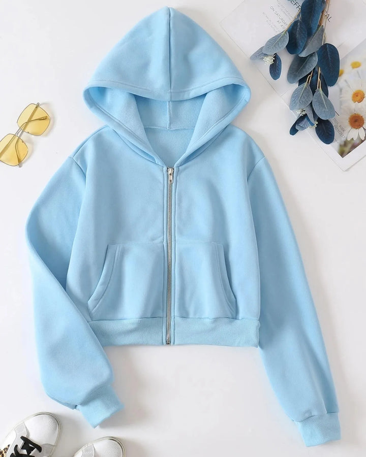 Sky Blue cropped zipper hoodie T-shirt.pk