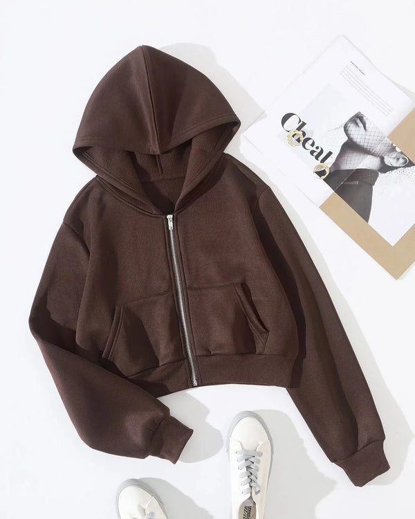 Brown cropped zipper hoodie T-shirt.pk