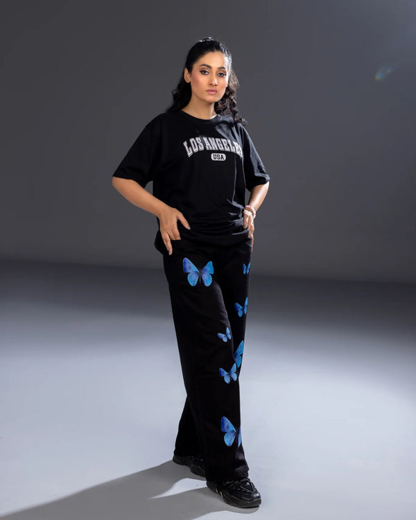 Black wide leg with Blue butterflies