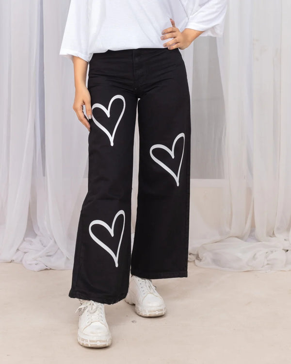 Black Printed Wide Leg With 3 Hearts