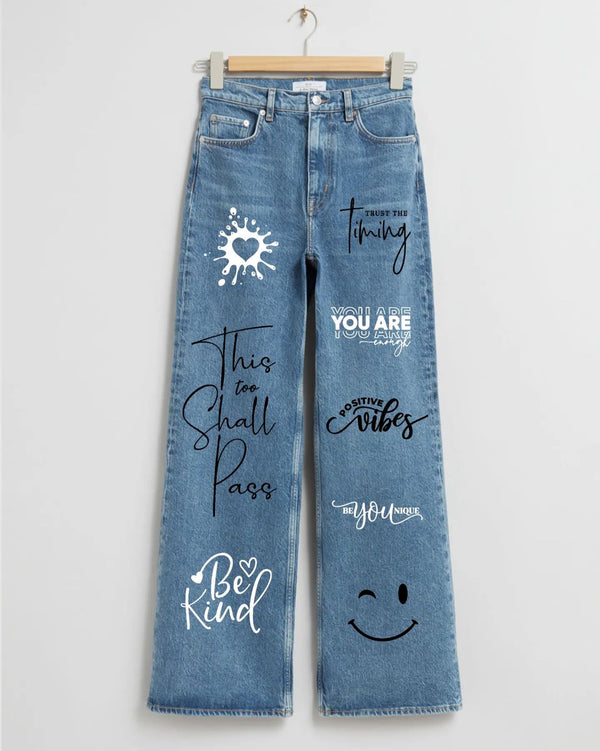 Mid Blue this too shall pass Printed wide leg Jeans