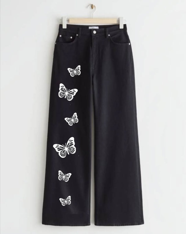 Black 6 Butterflies Printed wide leg Jeans