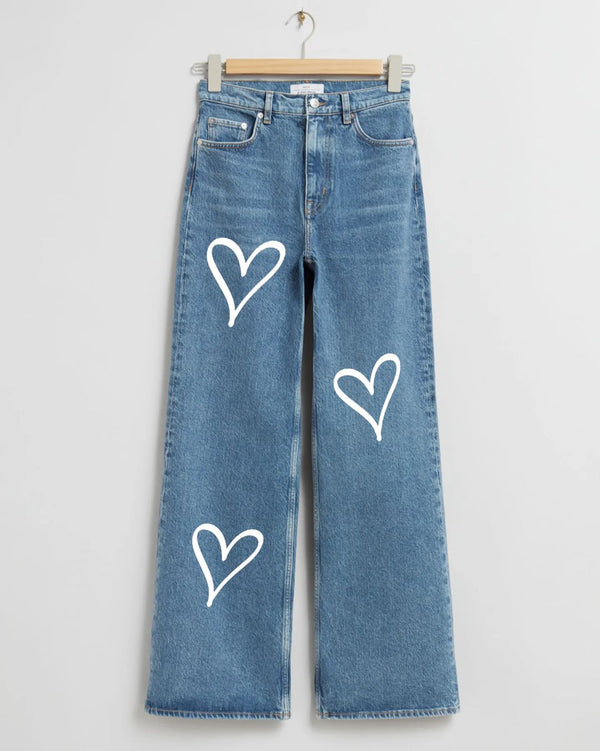 Mid Blue 3 Hearts Printed wide leg Jeans