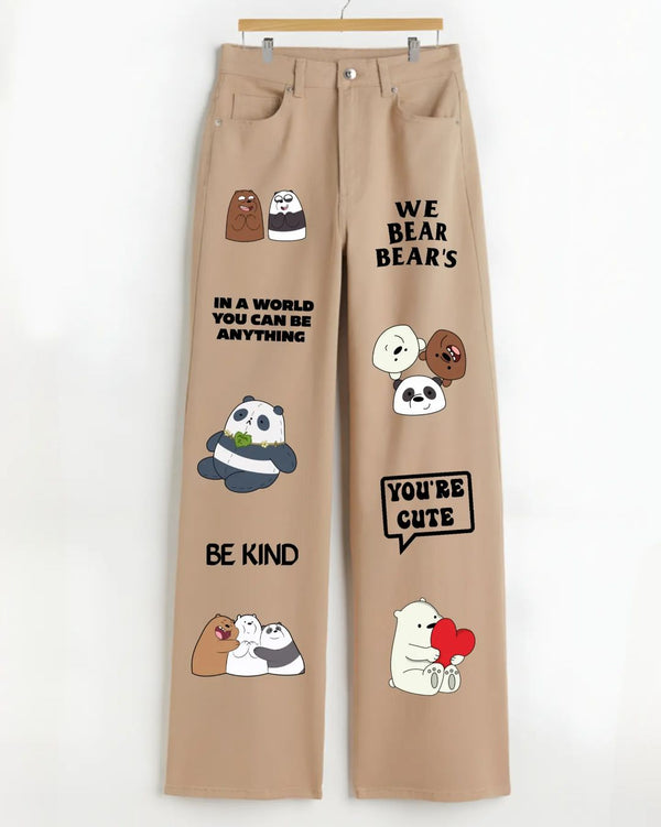 Beige We Bear bears Printed wide leg Jeans