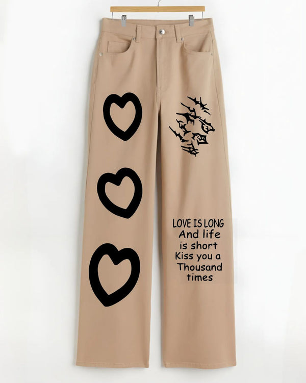 Beige Heart And Text Printed wide leg Jeans