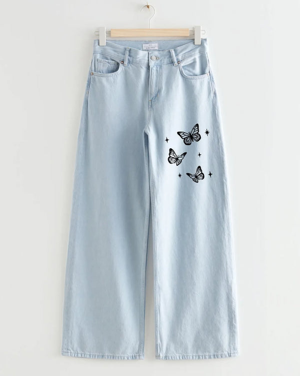 Light blue 3 butterflies Printed wide leg Jeans