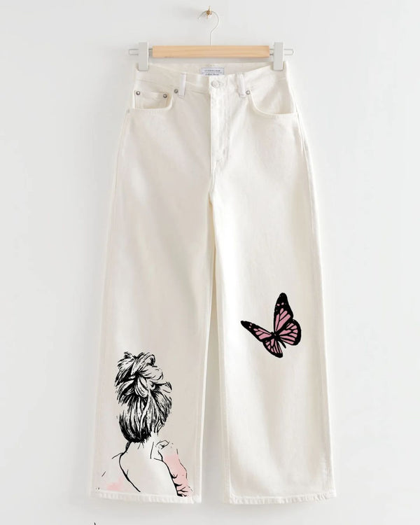 White butterfly girl Printed wide leg Jeans