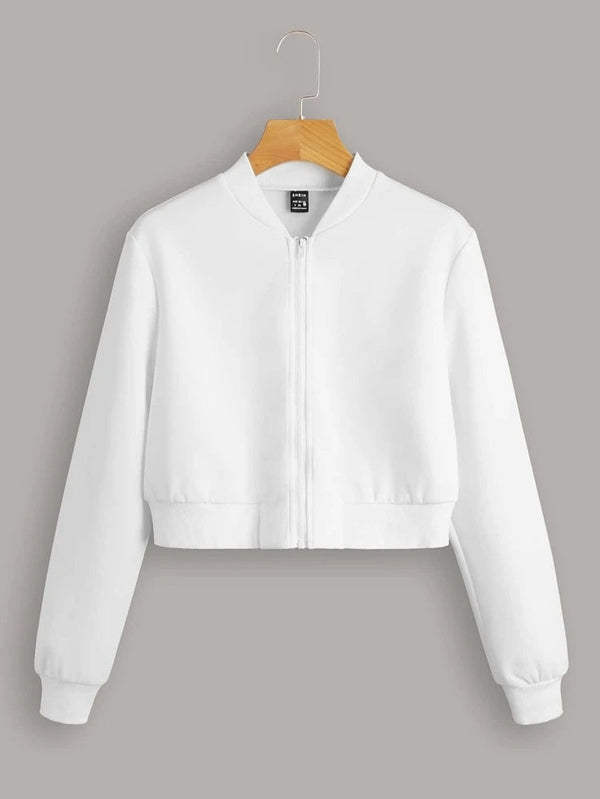 White Cropped Zipper Sweatshirt