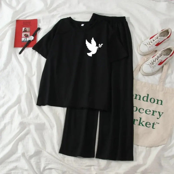 Black T-shirt With Bird Logo & Black Flapper Trouser | Summer Tracksuit