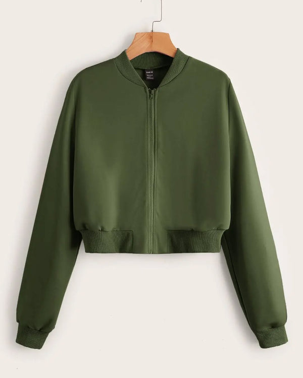 Olive Green Cropped Zipper Sweatshirt