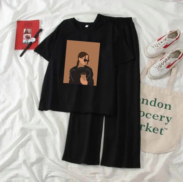 Black T-shirt Coffee Girl Print & Black Flapper Trouser | Summer Tracksuit